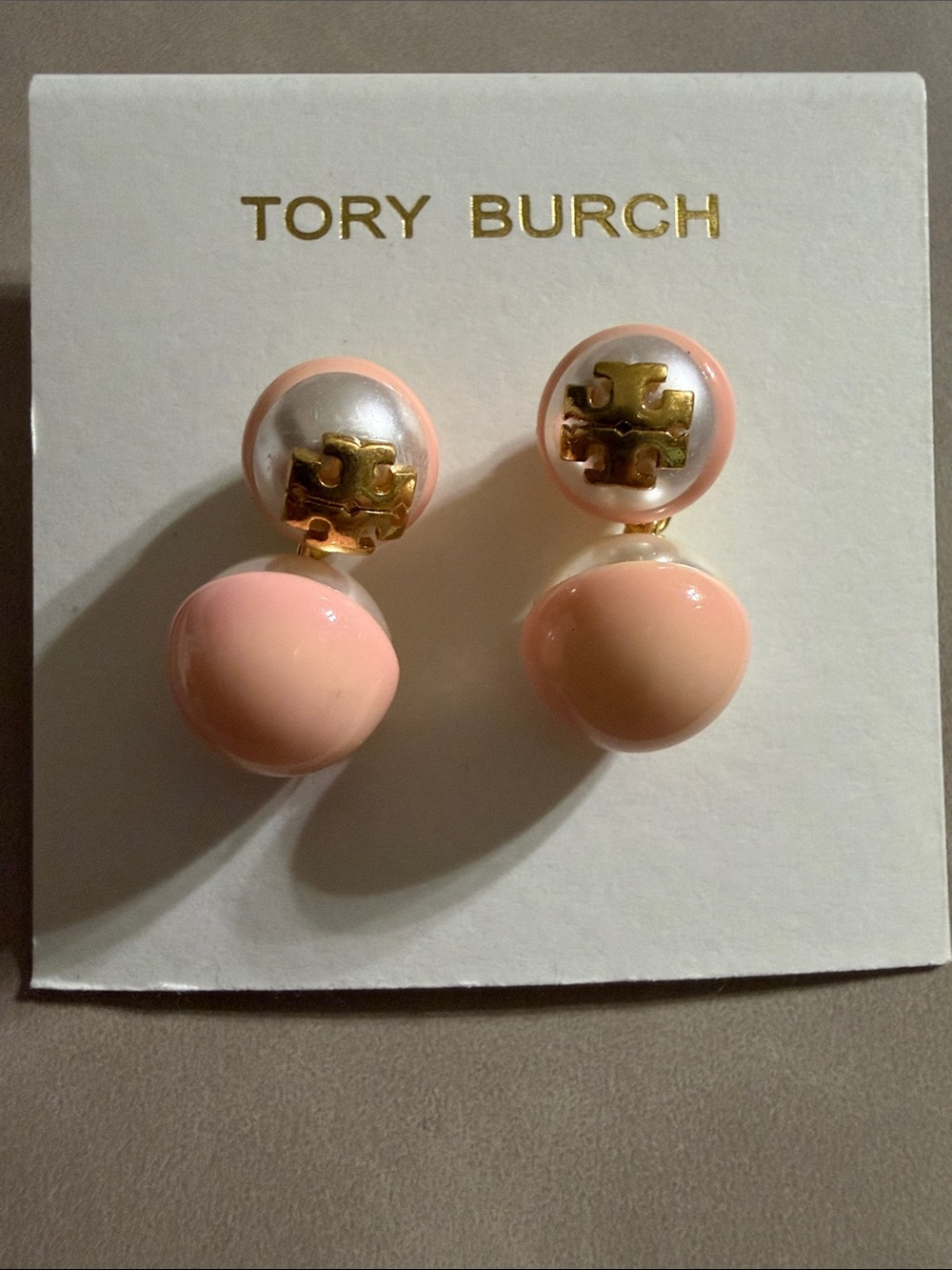 Tory Burch Gold and peach Double Drop Logo Earrings